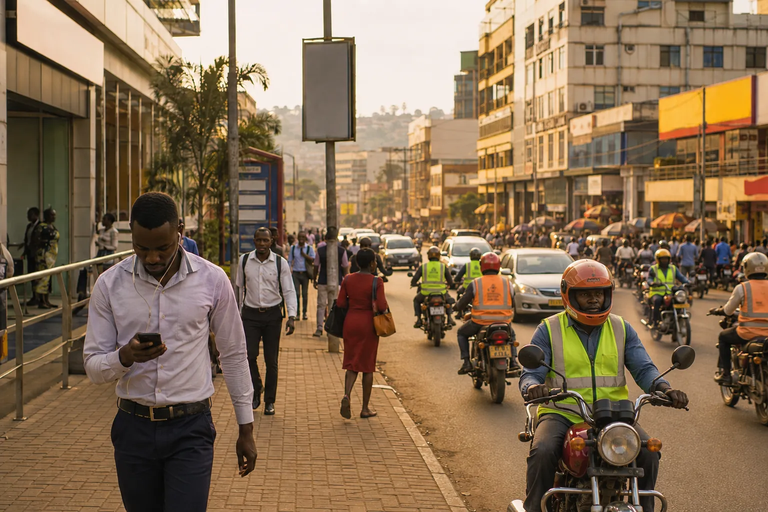 Boda boda motorcycle rider navigating through busy Kampala street traffic past commercial storefronts
